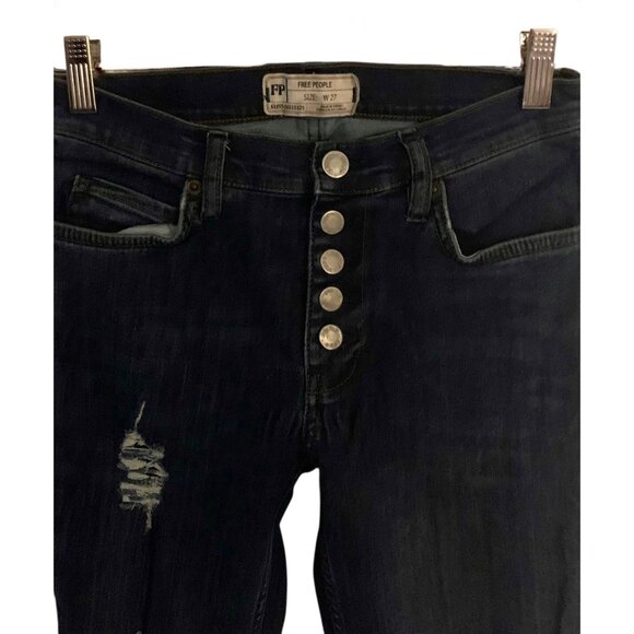 FREE PEOPLE Dark Wash Blue Distressed Button-Fly Raw Hem Skinny Jeans Size 27 - Picture 4 of 8
